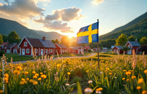Cozy Swedish Summer Village with Waving Swedish Flag, poster for National Day of Sweden