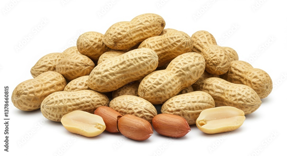 A pile of peanuts with shells and some without shells on a white background in a close up shot A pile of peanuts with shells and some without shells on a white background in a close up shot