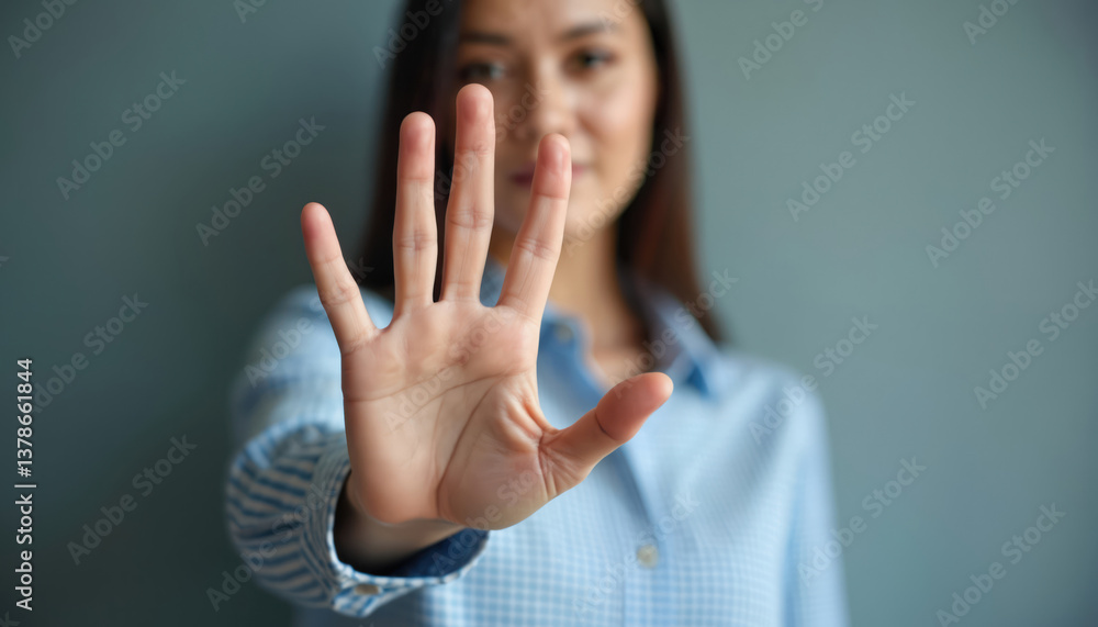 Woman makes stop hand gesture sign against sexual harassment, workplace violence. Lady with palm up. Business protection, protest, social problem, discrimination, abuse. Stop sign hand symbol. Woman makes stop hand gesture sign against sexual harassment, workplace violence. Lady with palm up. Business protection, protest, social problem, discrimination, abuse. Stop sign hand symbol.
