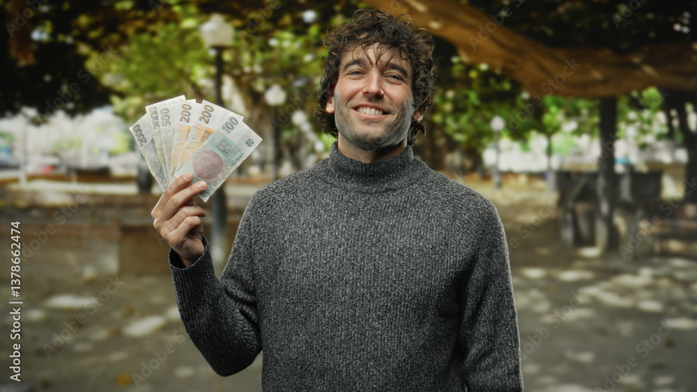 Hispanic man smiling outdoors on a city street holding czech koruna banknotes, conveying a sense of financial success and urban lifestyle.