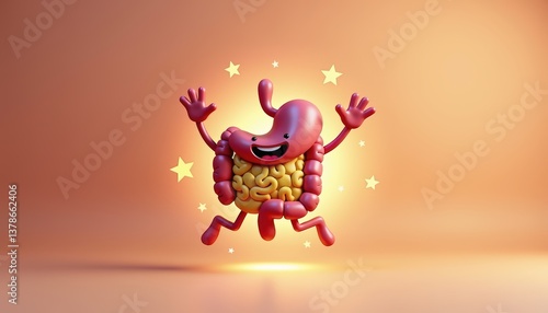 Cartoonish happy intestine character jumps in air, glowing aura symbolizes good digestion, energetic and uplifting scene, healthy bowel concept, Irritable Bowel Syndrome (IBS) Awareness Month, chek-up