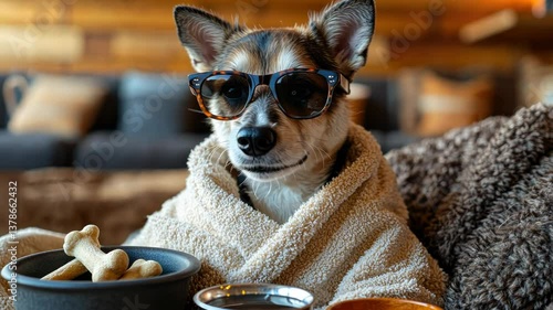 Dog in robe, sunglasses, relaxing