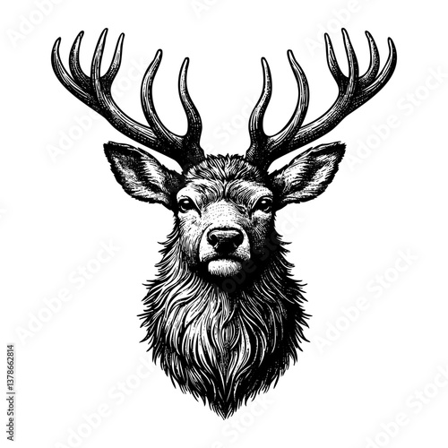 deer head decoration sketch engraving black and white outline. Scratch board imitation.  illustrated in vintage line art style on a white background.
