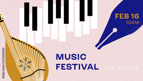 Web Banner Bandura Piano Music Festival. Vector Illustration of Arts. Traditional Ukrainian Musical Instrument.