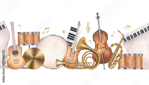 Photography Watercolor musical instruments group seamless banner isolated background