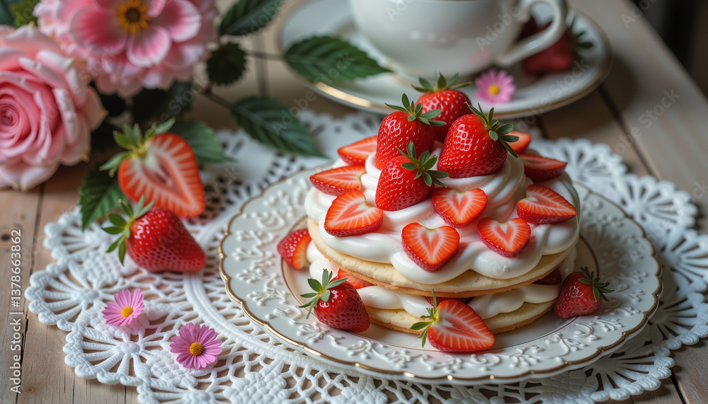 Strawberry dessert with cream and fresh flowers on a wooden table Strawberry dessert with cream and fresh flowers on a wooden table