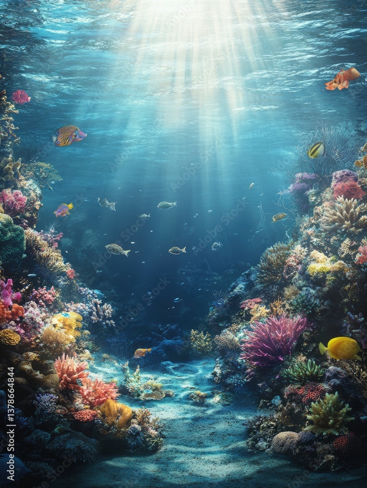 Underwater Coral Reef Scene with Fish and Sunlight Beams Underwater Coral Reef Scene with Fish and Sunlight Beams