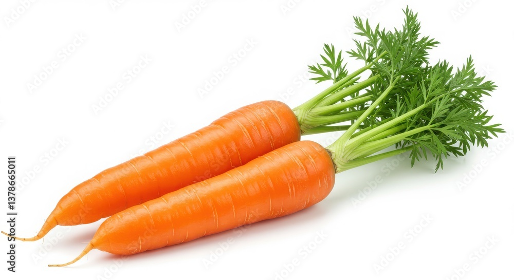 Two fresh carrots with green tops lying on a white surface in a studio shot close up view Two fresh carrots with green tops lying on a white surface in a studio shot close up view