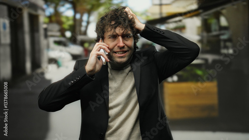 Valokuva Frustrated man talking on phone outdoors in city wearing black jacket and beige