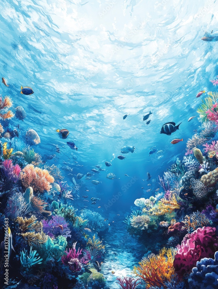 Fototapeta premium Exploring Underwater Coral Reef with Tropical Fish in Clear Blue Ocean