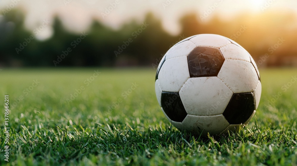 Obraz premium A soccer ball is sitting on a green field