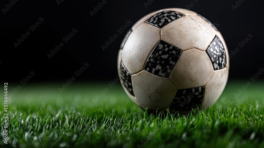 Obraz premium A soccer ball is sitting on a green field