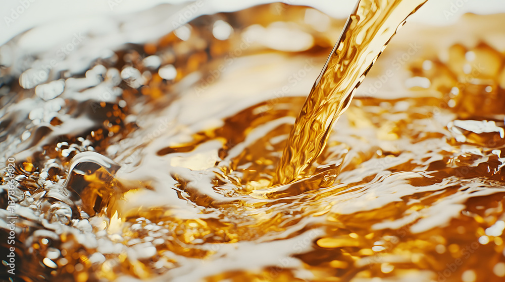 Close-up of gallon spout pouring golden oil in high detail, capturing the smooth flow and glossy texture against clean white background, emphasizing viscosity, clarity, fluid motion.