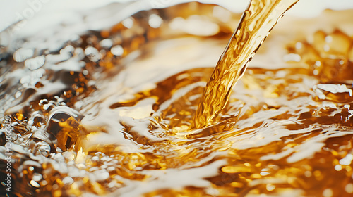 Obraz na płótnie Close-up of gallon spout pouring golden oil in high detail, capturing the smooth flow and glossy texture against clean white background, emphasizing viscosity, clarity, fluid motion. w salonie
