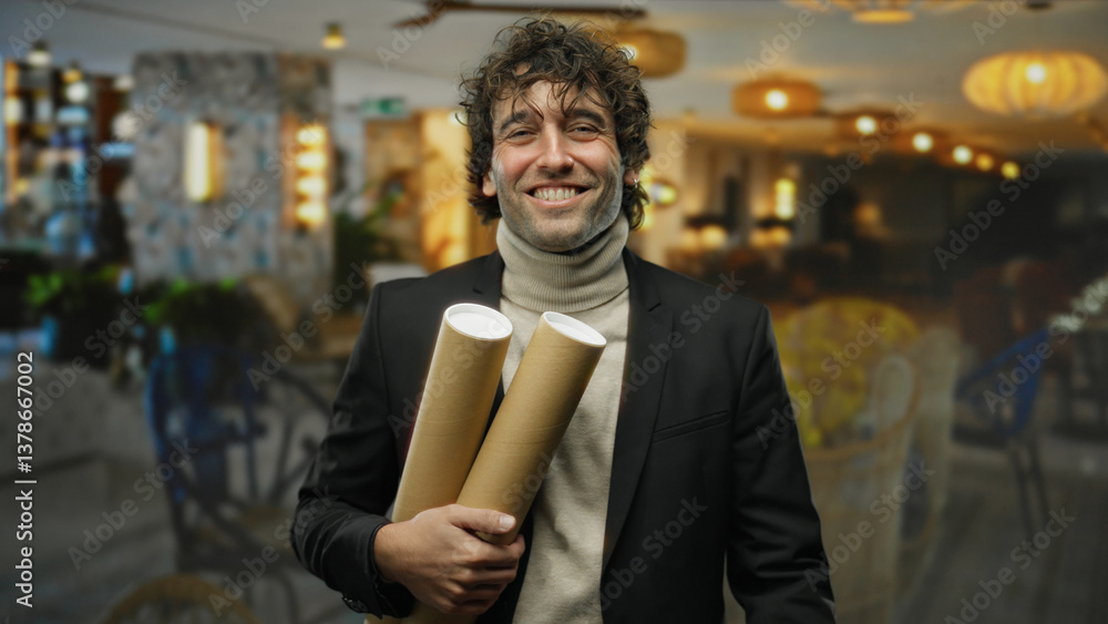 Fototapeta premium Young man smiling indoors holding cylindrical objects in a stylish restaurant showcasing a handsome appearance with a confident and cheerful demeanor in an elegant coffee shop setting.
