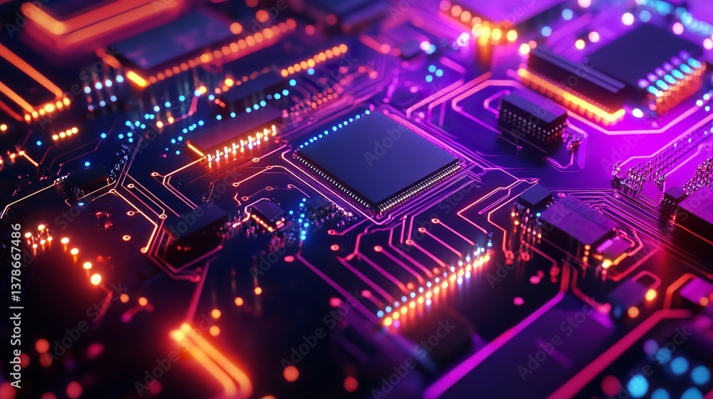 Glowing Circuit Board Closeup Vibrant Tech Detail with Neon Pink Orange Lights Glowing Circuit Board Closeup Vibrant Tech Detail with Neon Pink Orange Lights