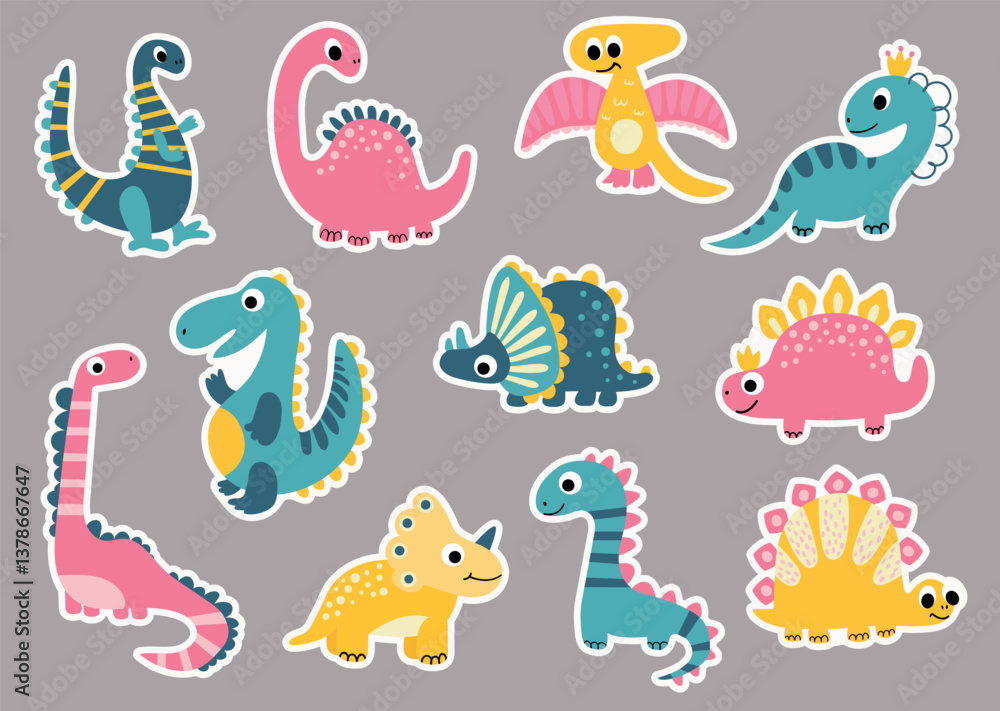 Obraz premium A set of stickers with cute dinosaurs. Drawing style