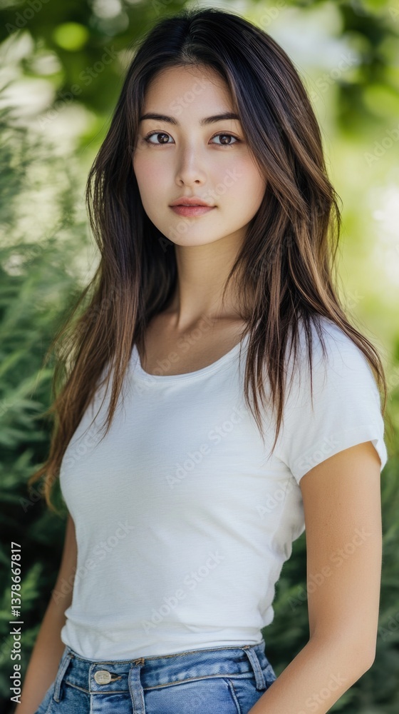 Portrait of young woman outdoors in casual attire surrounded by greenery during daytime Portrait of young woman outdoors in casual attire surrounded by greenery during daytime