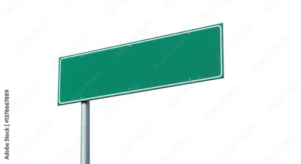 A green rectangular sign with a white border is mounted on a silver metal pole against white background A green rectangular sign with a white border is mounted on a silver metal pole against white background