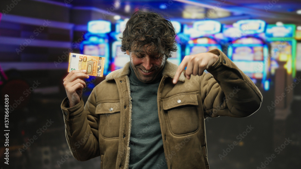 Fototapeta premium Hispanic man indoors at a casino, holding a 50 euro banknote, smiling while pointing down, with blurred slot machines in the background, evoking a sense of winning and fortune.