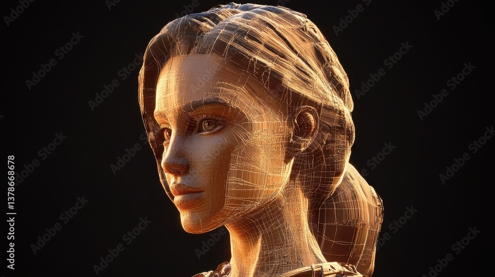 Golden-lit 3D Render of a Woman's Face with Intricate Mesh Overlay Golden-lit 3D Render of a Woman's Face with Intricate Mesh Overlay