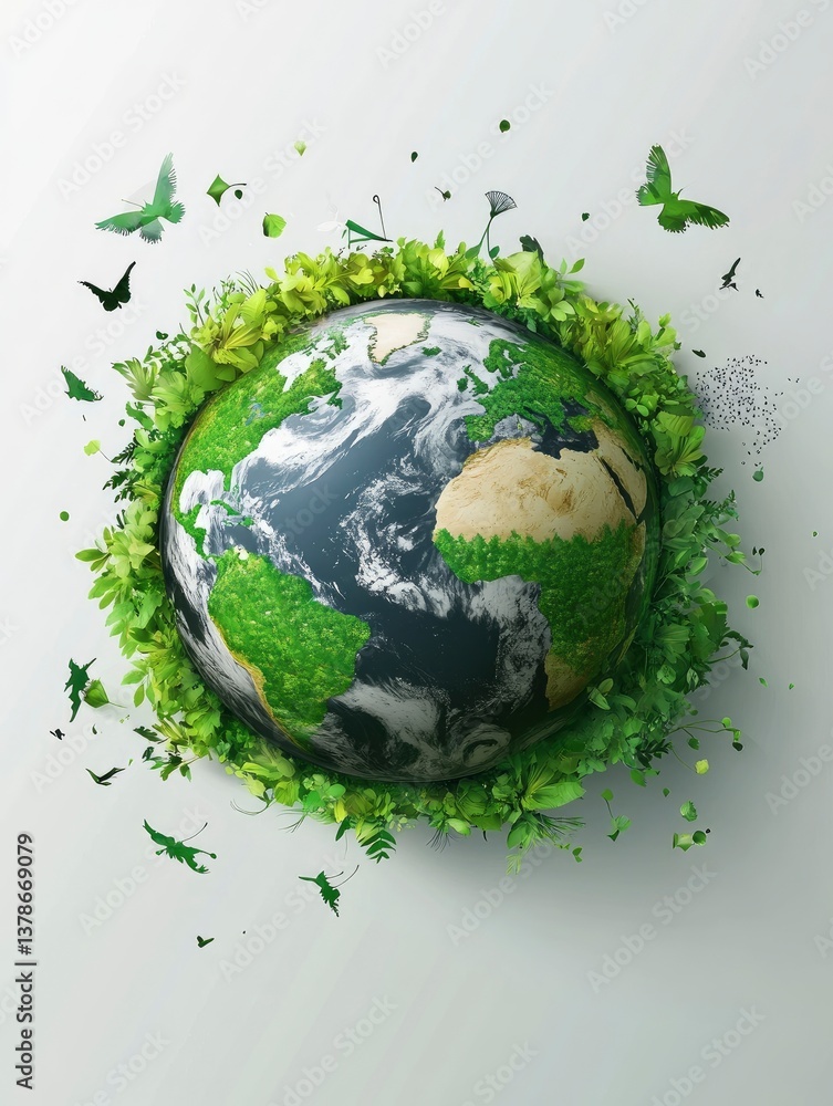 Earth Globe Surrounded by Greenery with Flying Butterflies Concept Earth Globe Surrounded by Greenery with Flying Butterflies Concept