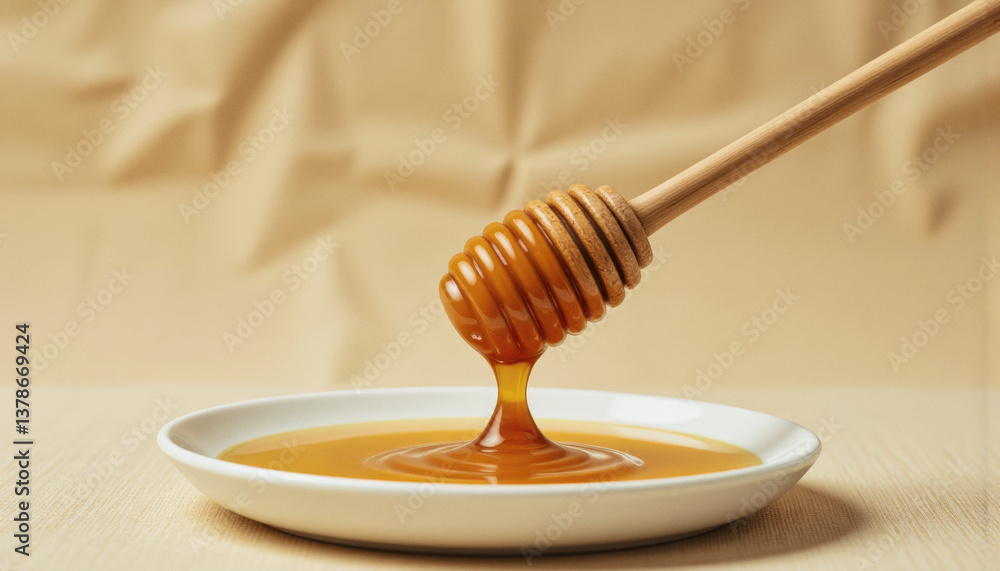 Modern food photo advertisement: Golden honey drips from a wooden dipper into a small white dish, set against a soft beige background. Modern food photo advertisement: Golden honey drips from a wooden dipper into a small white dish, set against a soft beige background.