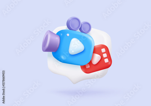 3d video camera simplicity icon signs with lens and button for theater. Realistic film movie icon, play button for streaming multimedia concepts. 3d movie cinema record icon vector render illustration