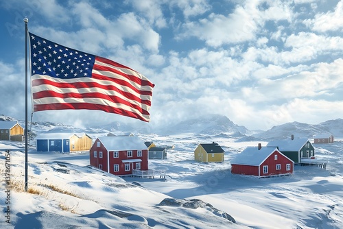 Greenland, the American flag develops against a northern winter landscape, the annexation and exploration of the Arctic