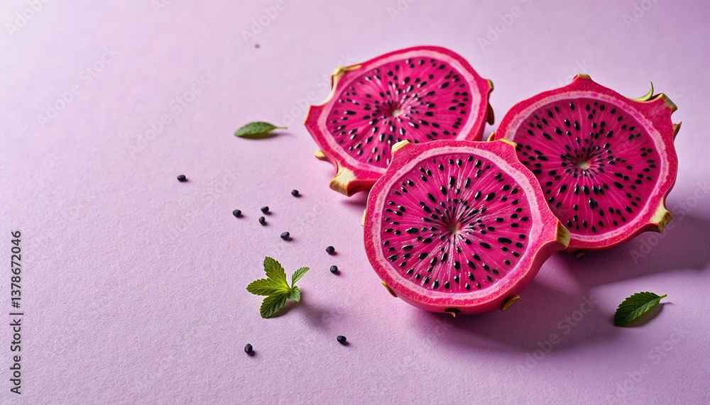 Fototapeta premium Modern food photo advertisement: Sliced dragon fruit pieces with visible black seeds and mint leaves are artfully arranged on a vibrant pink background.