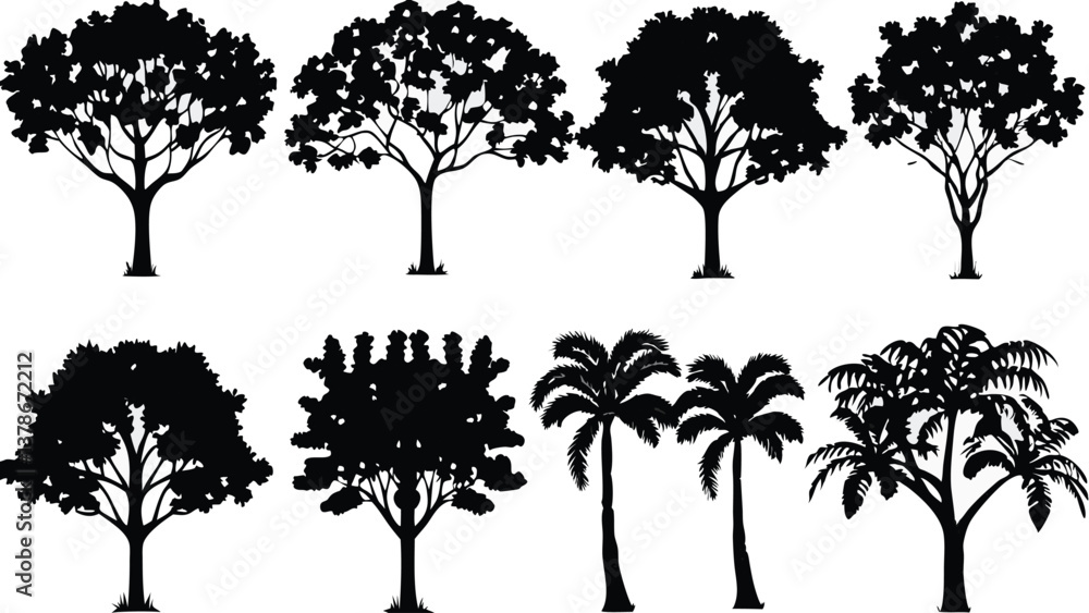 Fototapeta premium Silhouette Tree Line Drawing Set – Vector Outline Trees for Architecture & Landscape Design