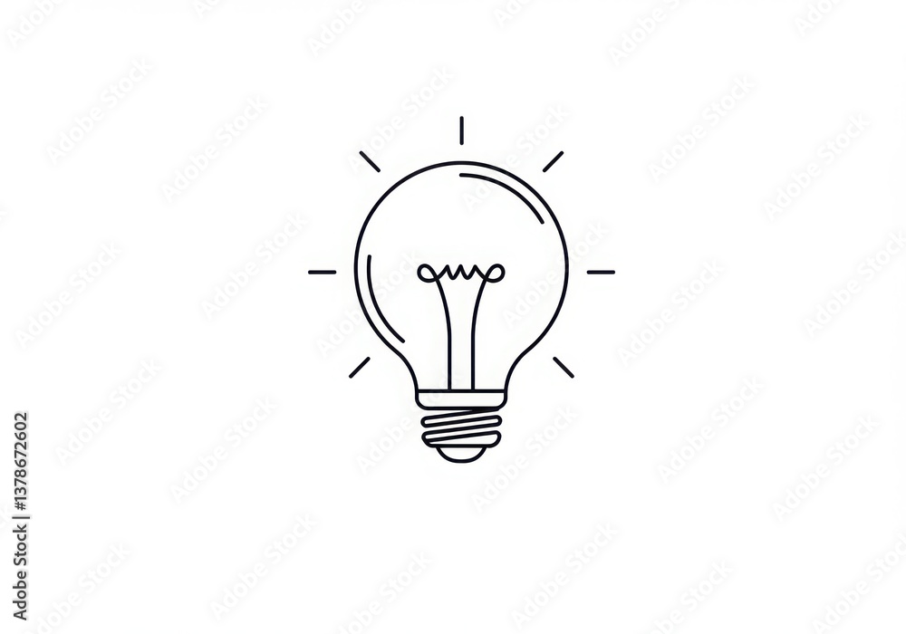 A simple line drawing of a lightbulb with radiating lines on a plain white background space for text A simple line drawing of a lightbulb with radiating lines on a plain white background space for text
