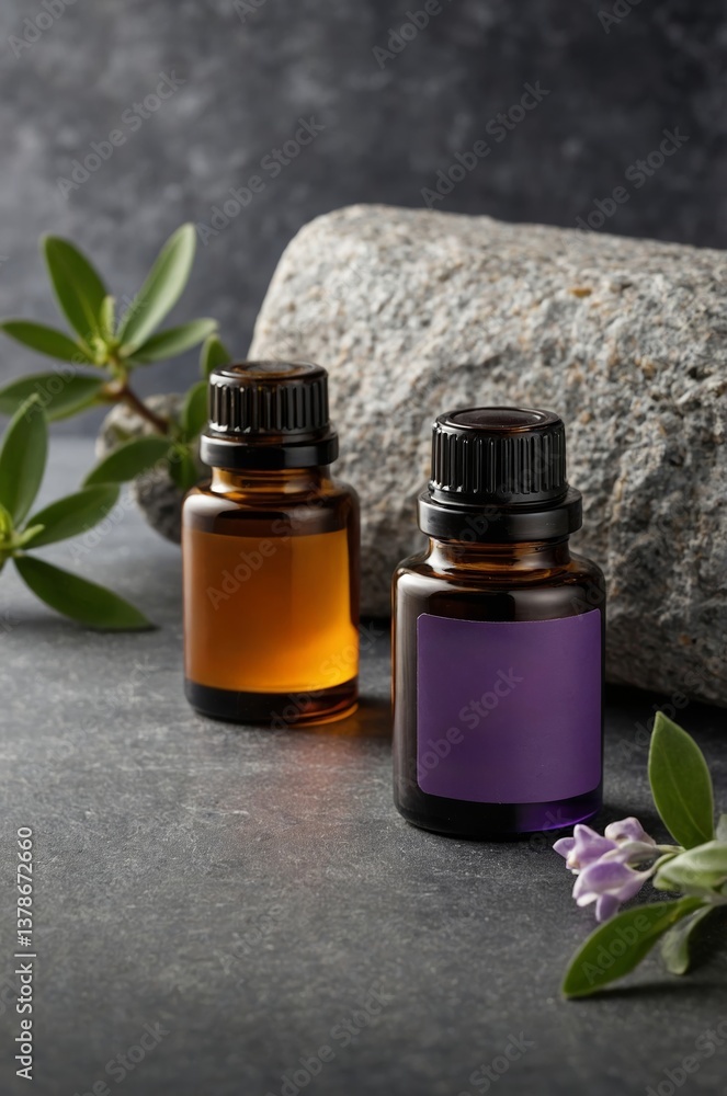 Essential oils displayed on a stone surface with greenery in a calm setting during daylight hours Essential oils displayed on a stone surface with greenery in a calm setting during daylight hours