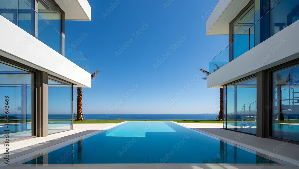Fototapeta premium Minimalistische Architektur mit Pool und direktem Blick aufs Meer