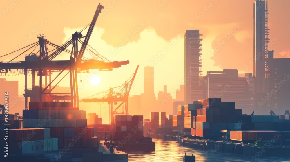 Fototapeta premium Sunset industrial port activity urban cityscape photography maritime environment wide-angle view serenity in motion