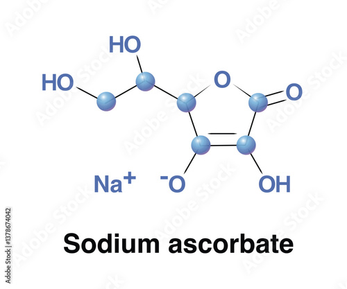 Sodium Ascorbate One Of Ascorbic acid Mineral Salts (Vitamin C). Molecular Formula Chemical C6H7NaO6,  Mineral Ascorbate Compound Vector Illustration Print