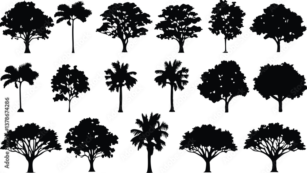Fototapeta premium Silhouette Tree Line Drawing Set – Vector Outline Trees for Architecture & Landscape Design