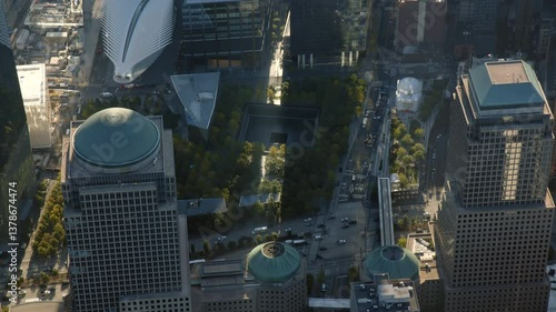 Aerial View of Beautiful Skyline of Lower Manhattan. Famous Buildings, 911 Memorial. Traffic. New York City, NYC, United States. High Quality Content Shot From Helicopter.