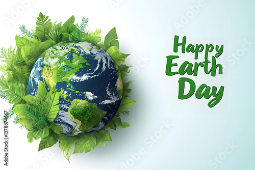 Fototapeta Naklejka Na Ścianę i Meble -  Happy Earth Day celebration eco planet surrounded by green foliage. Nature conservation message with global environment awareness. Sustainable world greenery ecology design concept background