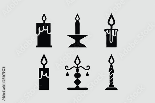 Minimal Black Paraffin Candle Icon Silhouette, Relaxing Aroma Candlelight Decoration Vector.