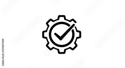 A black and white icon of a gear with a check mark in the center on a white background