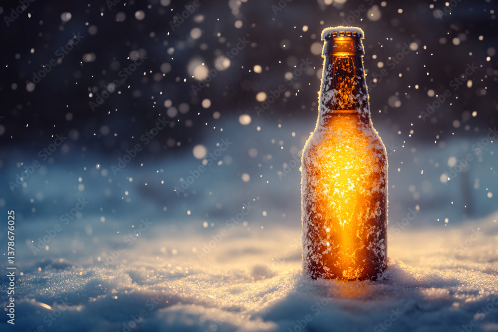Chilled Beer Bottle with Condensation and Falling Snowflakes Chilled Beer Bottle with Condensation and Falling Snowflakes