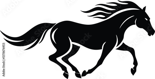 Running Horse Silhouette with Flowing Mane, Elegant Stallion Icon, White Background