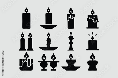 Minimal Black Paraffin Candle Icon Silhouette, Relaxing Aroma Candlelight Decoration Vector.