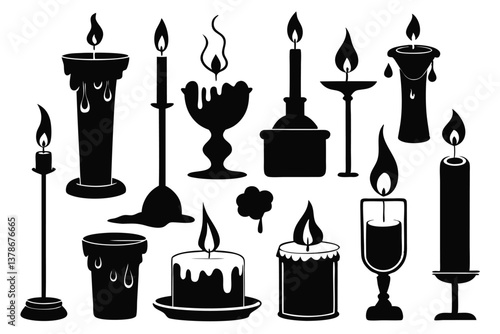 Minimal Black Paraffin Candle Icon Silhouette, Relaxing Aroma Candlelight Decoration Vector.