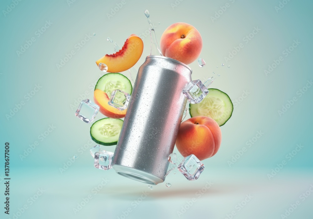 Obraz premium Refreshing beverage can surrounded by peaches, cucumber, and ice cubes