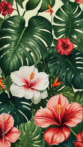 Wallpaper Mural Tropical pattern with monstera leaves, hibiscus flowers, and a parrot. Lush, vibrant design perfect for backgrounds or exotic themes. Torontodigital.ca