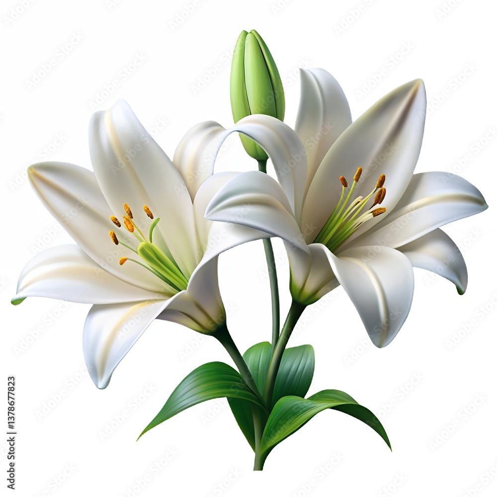Exquisite white lilies, a symbol of purity and grace, their petals unfolding in a delicate dance, showcasing nature's elegant beauty with vibrant green leaves and soft lighting. Exquisite white lilies, a symbol of purity and grace, their petals unfolding in a delicate dance, showcasing nature's elegant beauty with vibrant green leaves and soft lighting.