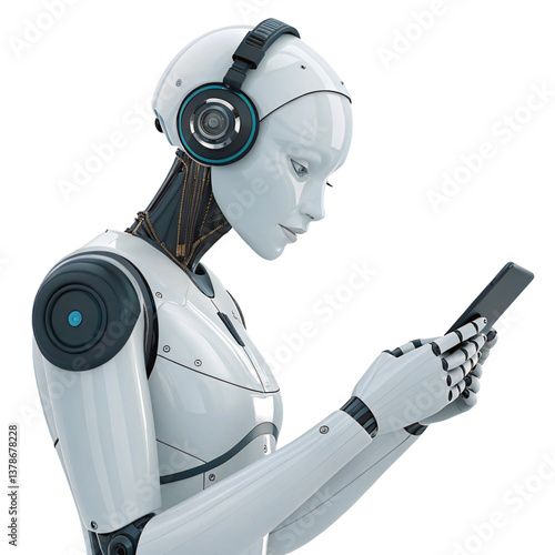 Modern Robot Woman with Headphones Using Smartphone Isolated on White Background
