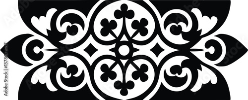 Symmetrical Floral Pattern in Black and White with Decorative Scrollwork Design